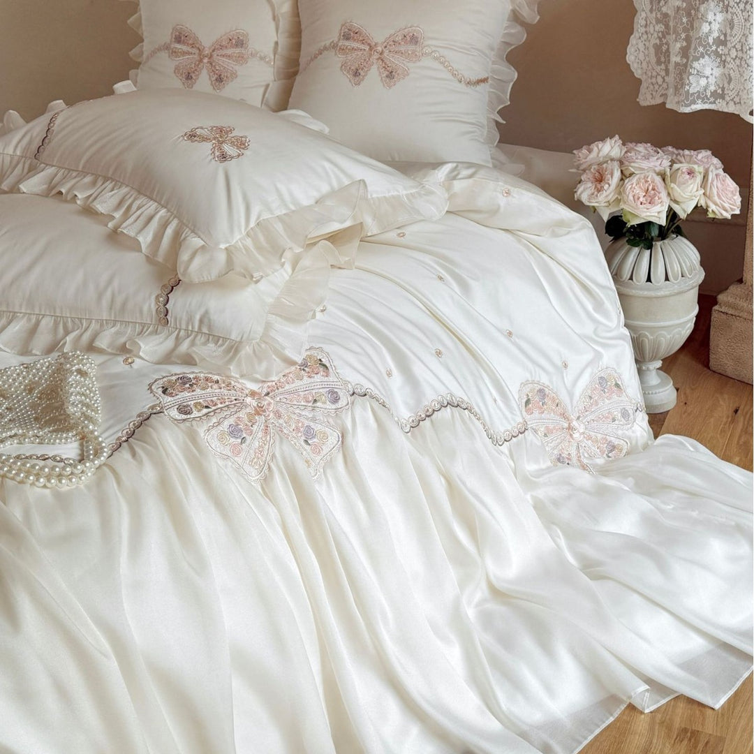 Romantic bedding set with chiffon ruffle, delicate lace and butterfly embroidery