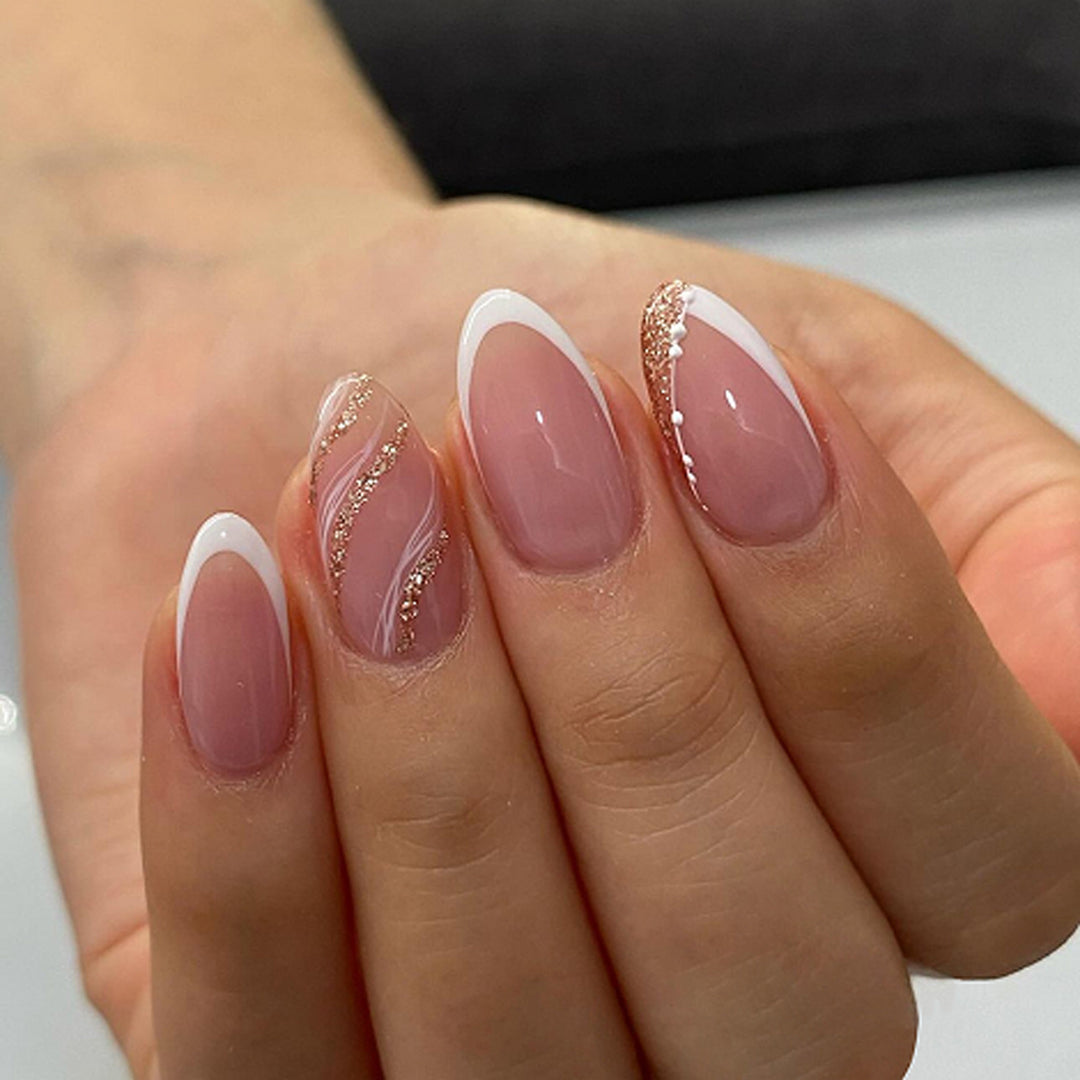 Elegant French-Tip Artificial Nails with Glitter Accents Stornfield