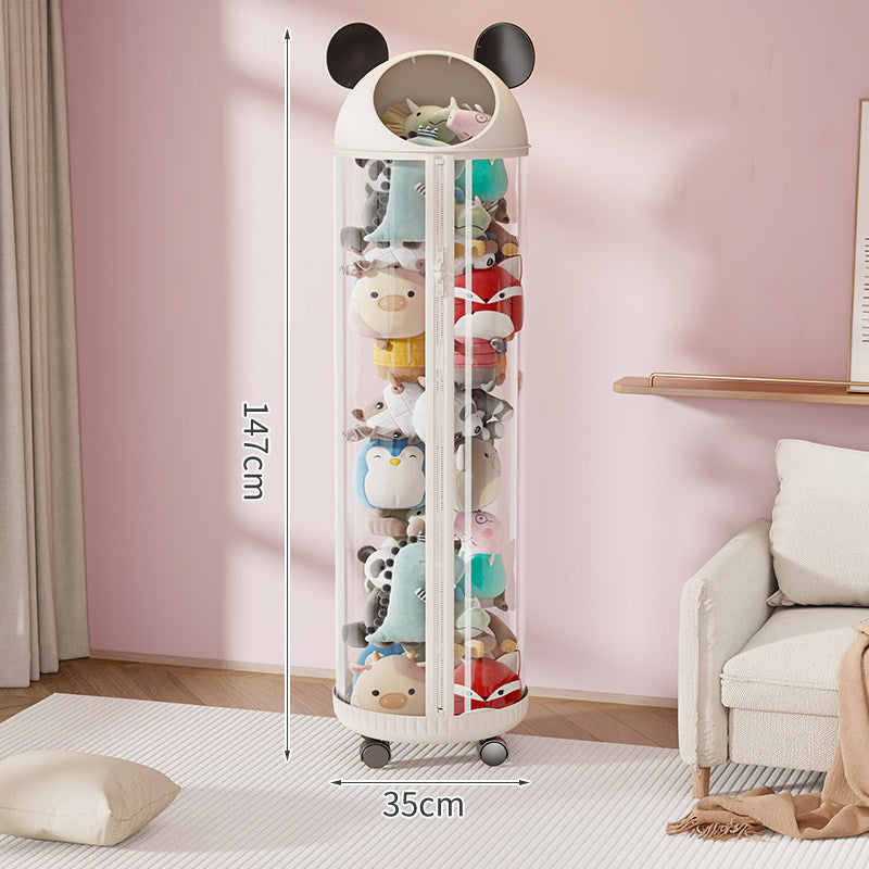 Vertical Clear Cylinder Plush Toy Storage Tower with Divided Shelves and Caster Base