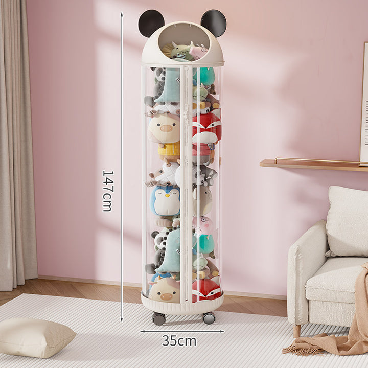 Vertical Clear Cylinder Plush Toy Storage Tower with Divided Shelves and Caster Base