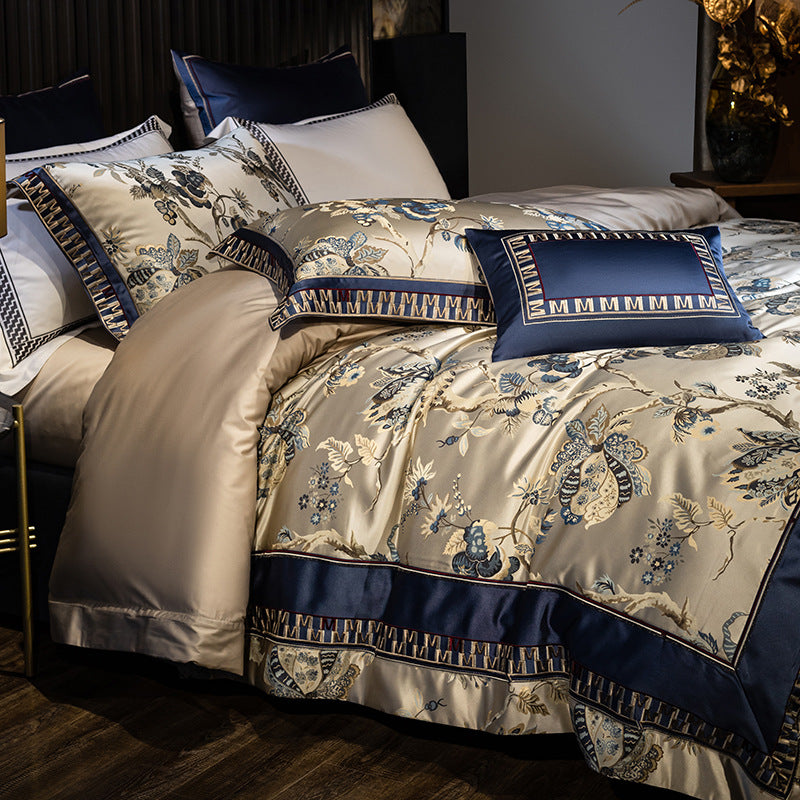 Satin-Jacquard Luxury Duvet Cover Ensemble with Floral Brocade, Piped Sateen Border and Decorative Pillow Shams