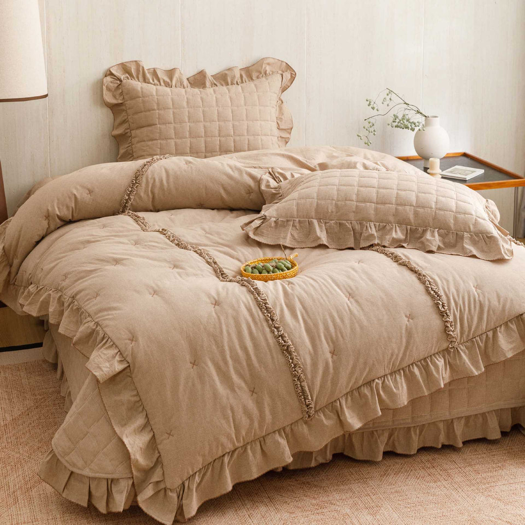 Quilted Ruffled Linen-Blend Duvet Cover Set with Bedskirt and Pillow Shams