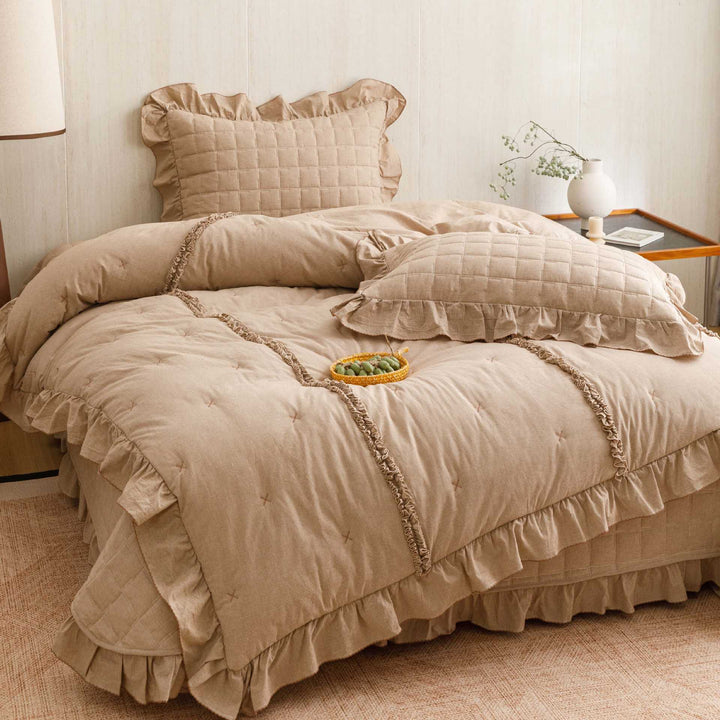 Quilted Ruffled Linen-Blend Duvet Cover Set with Bedskirt and Pillow Shams