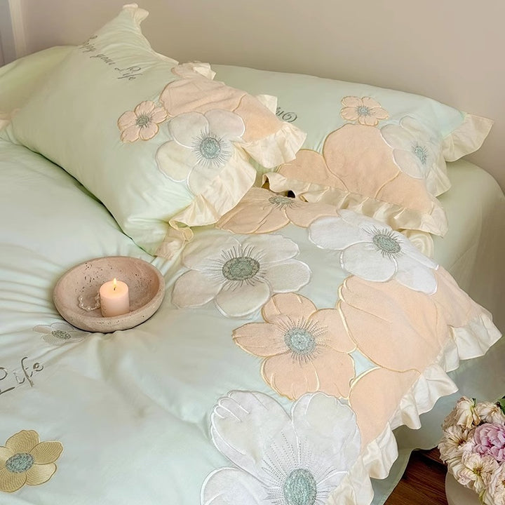 Floral Appliqué Ruffled Cotton Sateen Duvet Cover Set with Decorative Pillow Shams