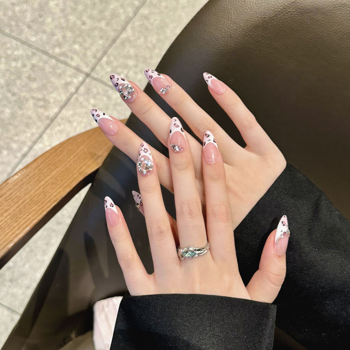 Elegant Pointed Press-On Nail Art Set with Gemstone and Animal Print Accents