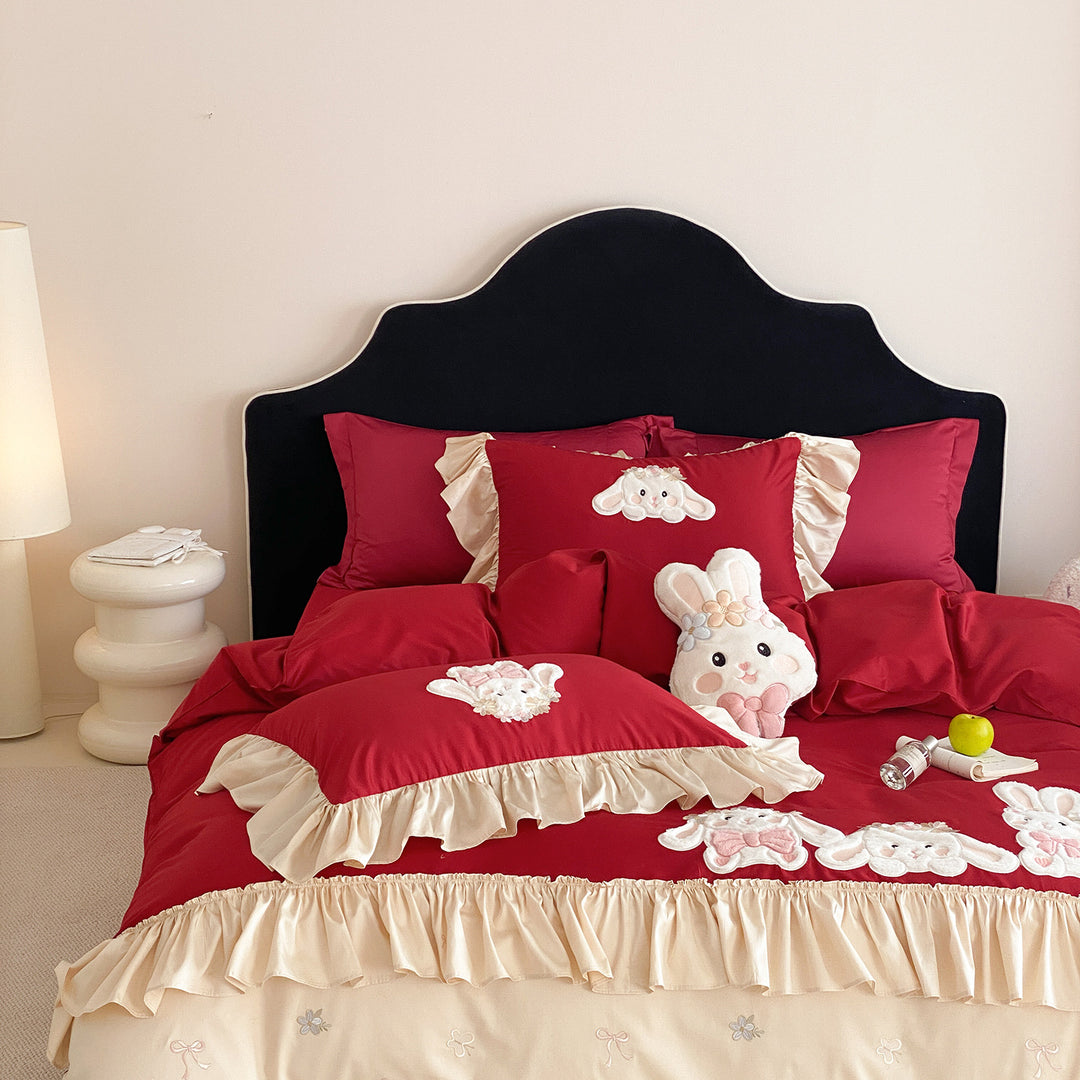 Embroidered Ruffled Bunny Appliqué Duvet Cover Bedding Set