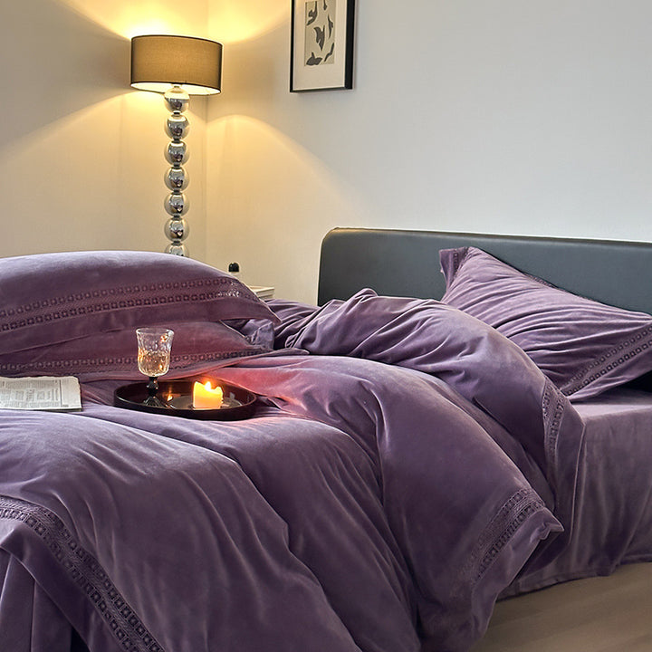 Luxury Brushed Velvet Duvet Cover Set with Lace-Inset Border