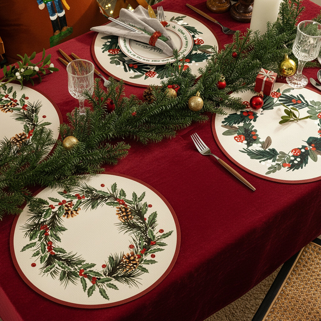 Round wipeable placemat with Christmas wreath and tartan print