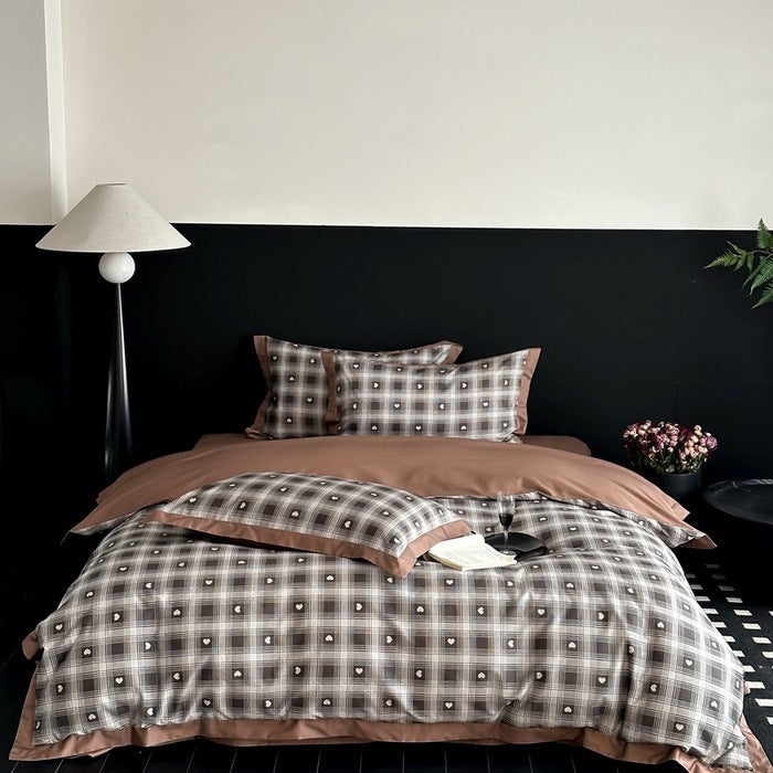 Plaid Brushed Cotton Duvet Cover Set with Contrast Border & Envelope Shams