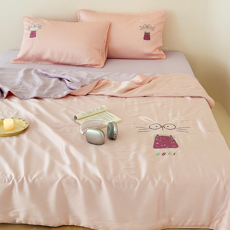 Children's satin bedding set with embroidered bunny moon and silky reversible throw