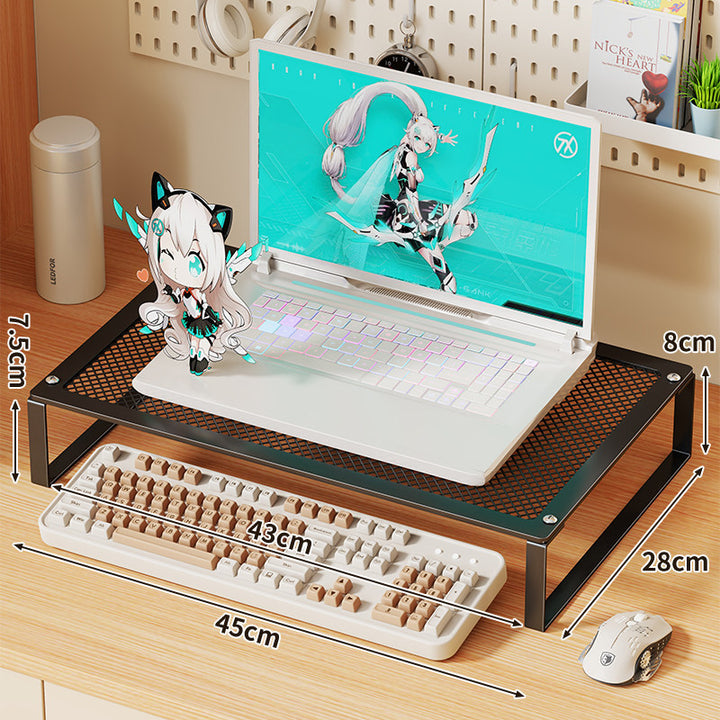 Elevated Mesh Laptop and Monitor Stand with Ventilated Metal Grid Surface and Under-Keyboard Storage