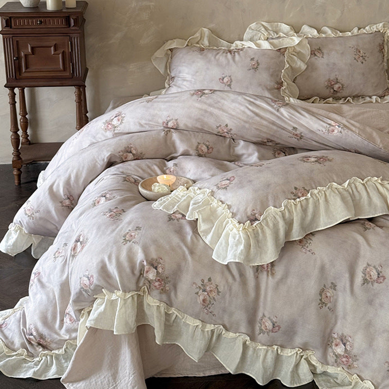 Romantic cotton gauze bedding set with ruffle and watercolor rose print