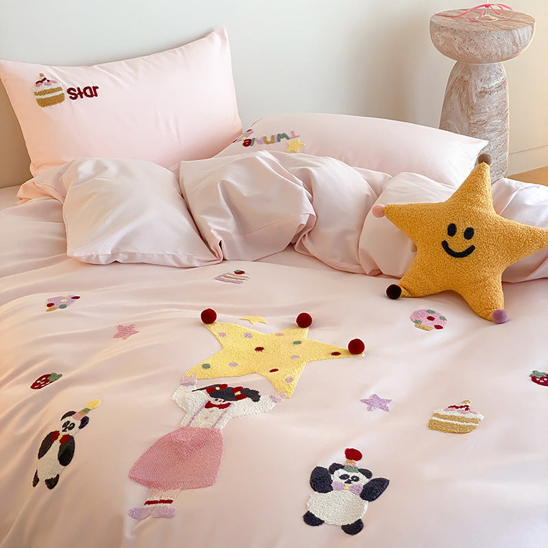Embroidered Cotton Kids Duvet Cover Set with Appliqué Twinkle Motif and Pillow Shams