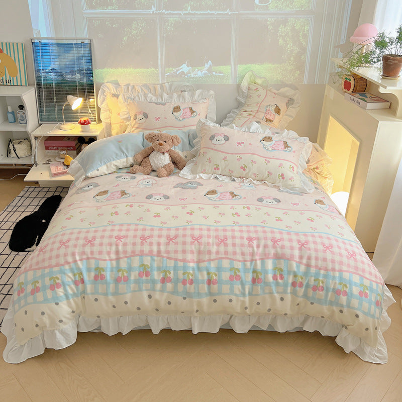 Frilled-Edge Pastel Storybook Print Cotton Duvet Cover and Sham Set