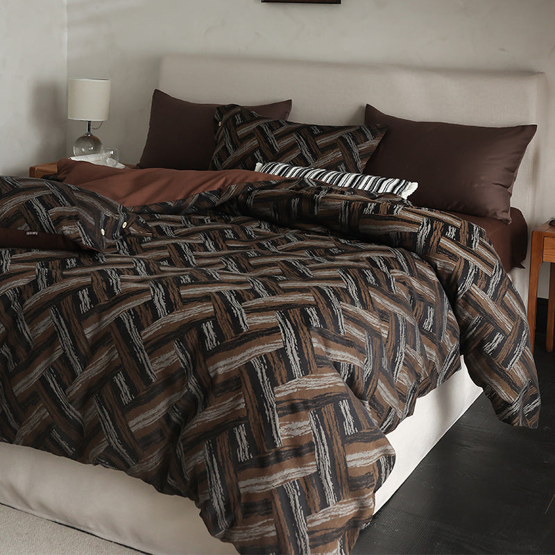 Brushed Cotton-Sateen Reversible Geometric Brushstroke Duvet Cover Set