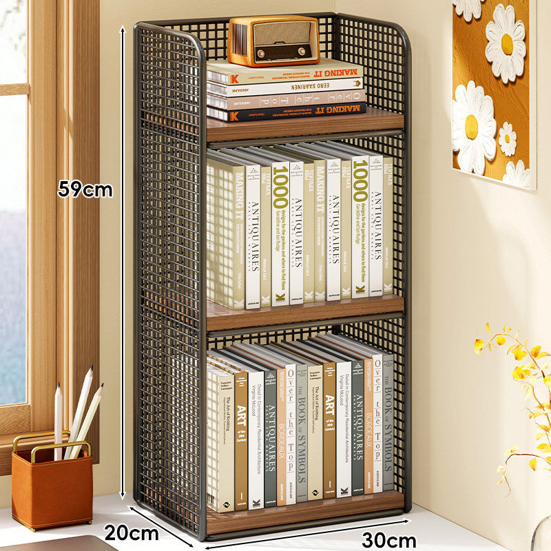 Compact Vertical Two-Tier Metal Grid Desktop Bookshelf Organizer with Solid Wood Shelves