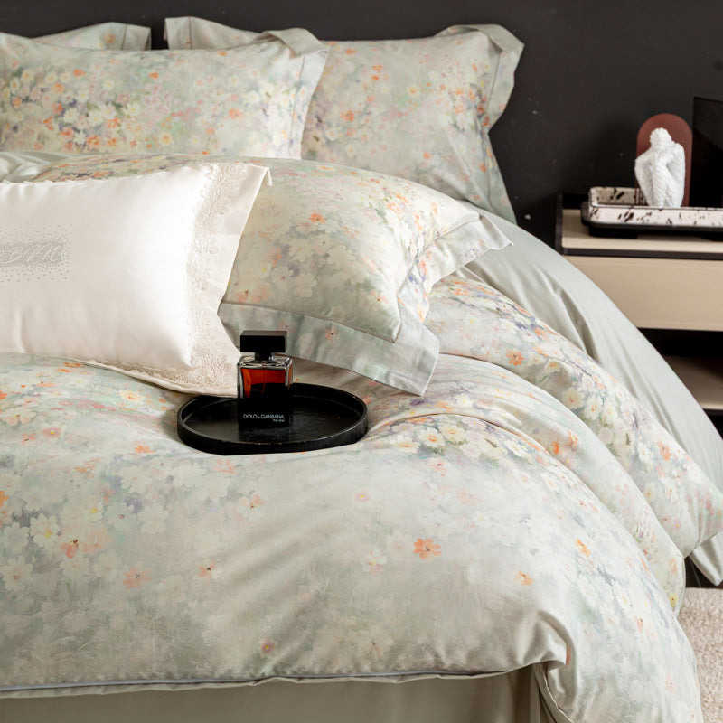 Luxurious cotton satin duvet cover set with watercolor flower pattern