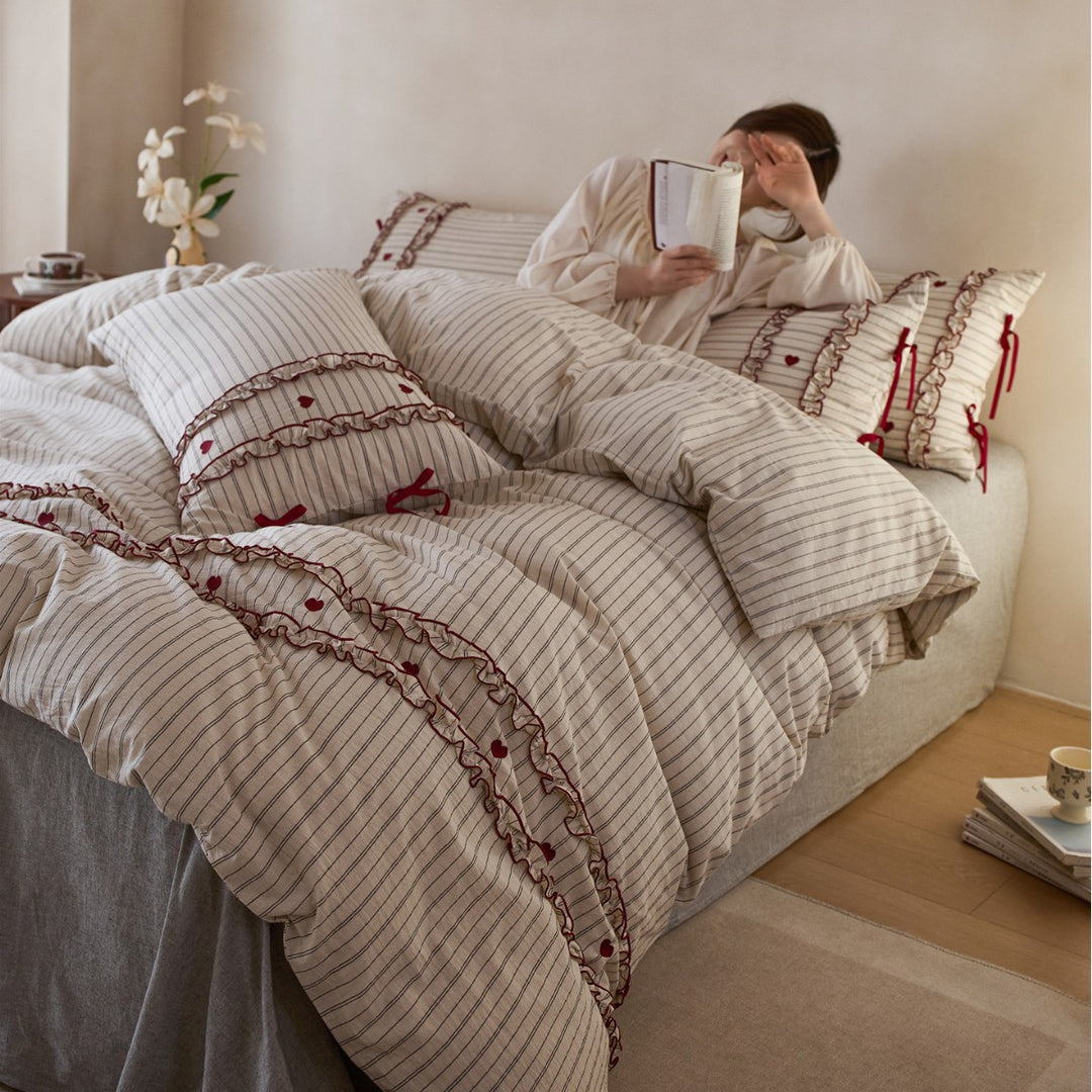 Striped Cotton-Linen Ruffled Heart-Embroidered Duvet Cover Set