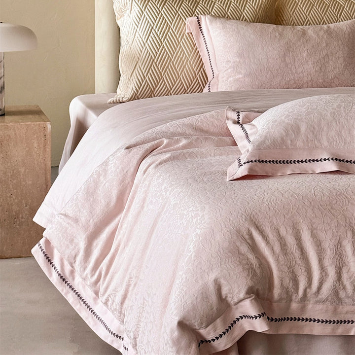 Jacquard Cotton Sateen Duvet Cover Set with Embroidered Leaf Border and Oxford Shams