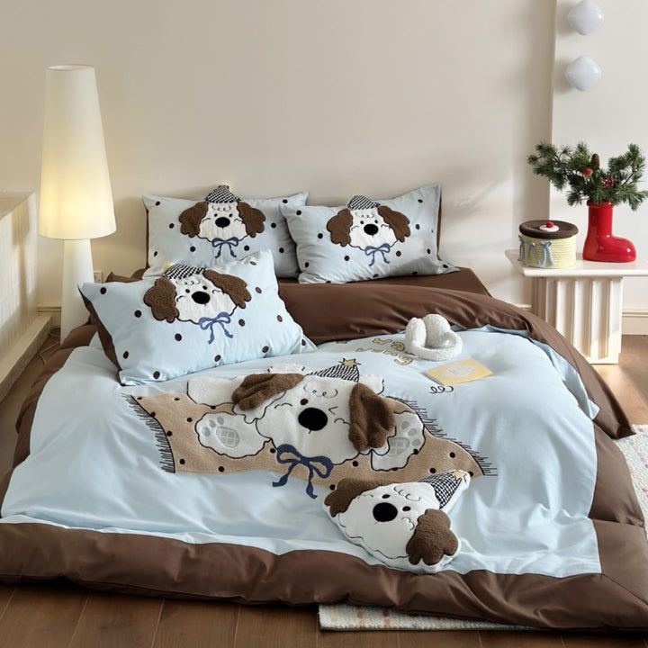 Cartoon Appliqué Plush Dog Reversible Duvet Cover Set with Decorative Pillowcases