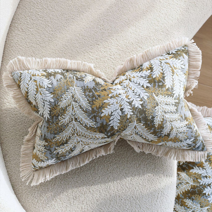 Decorative velvet cushion cover with embroidered fern jacquard and fringed edge Stornfield