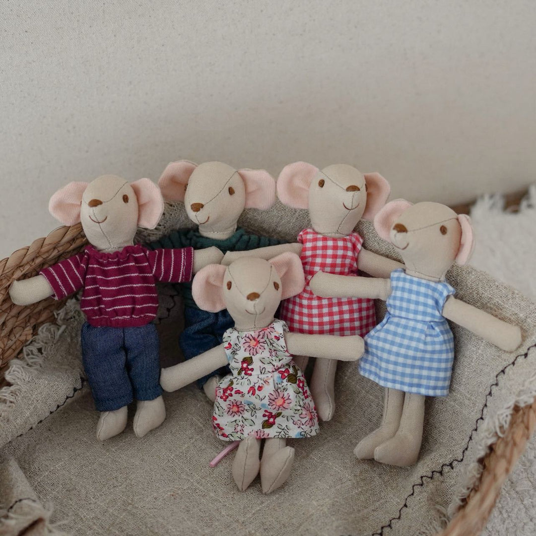Handcrafted Linen Mouse Plush Doll with Striped Knit Shirt and Denim Pants