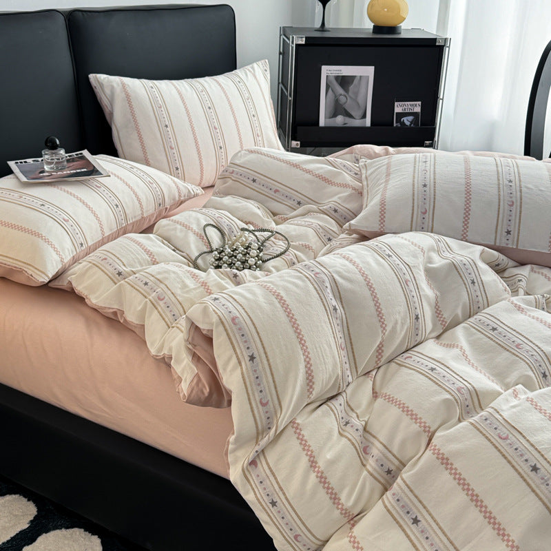 Striped cotton bedding set with washed finish, breathable percale & reversible function