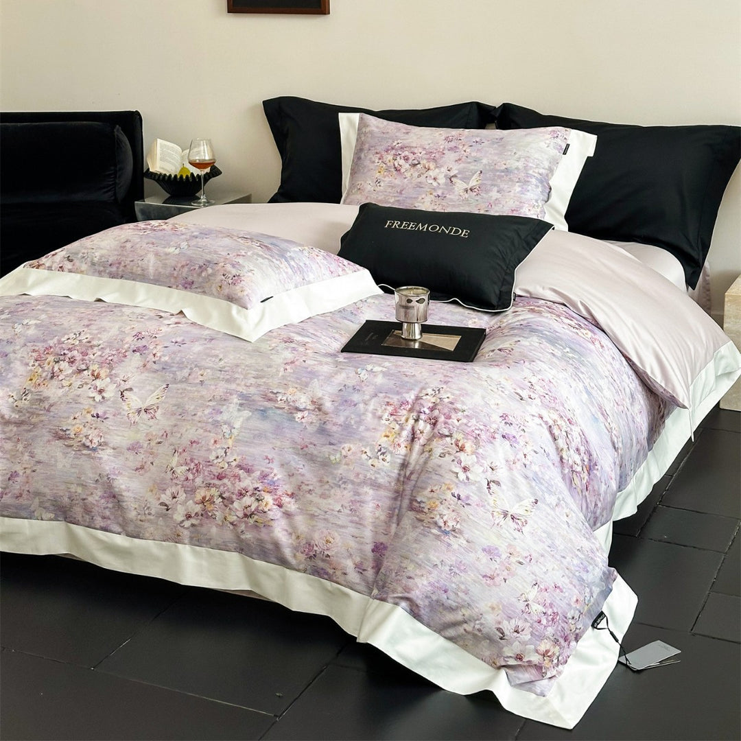 Reversible Watercolor Floral Sateen Duvet Cover Set with Satin Trim