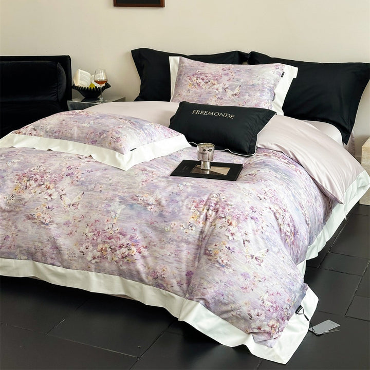Reversible Watercolor Floral Sateen Duvet Cover Set with Satin Trim