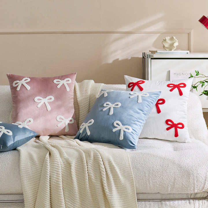 Embroidered Bouclé Bow Velvet Square Throw Pillow Cover