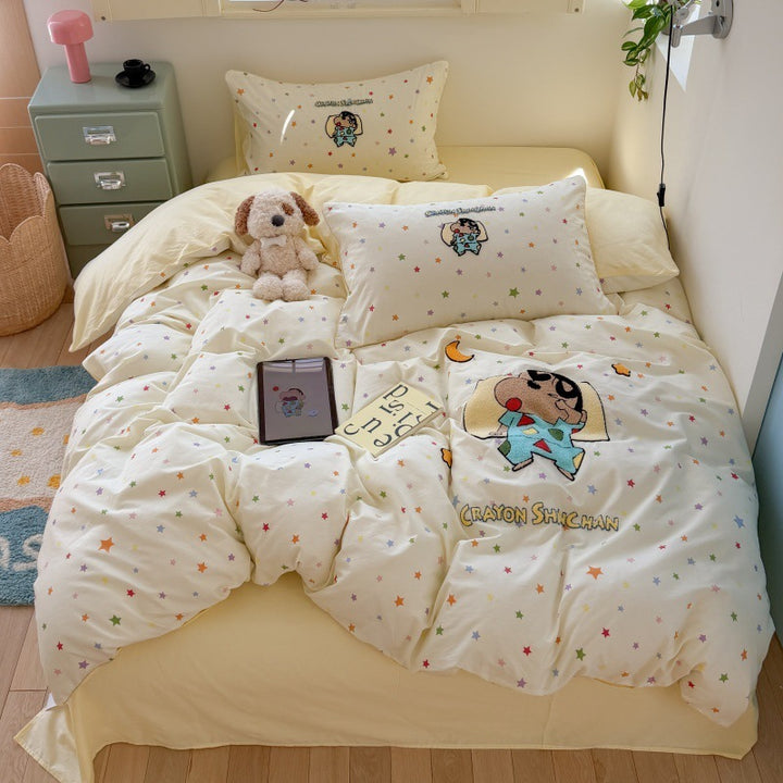 Children's Novelty Cartoon Embroidered Duvet Cover Set with Star Print