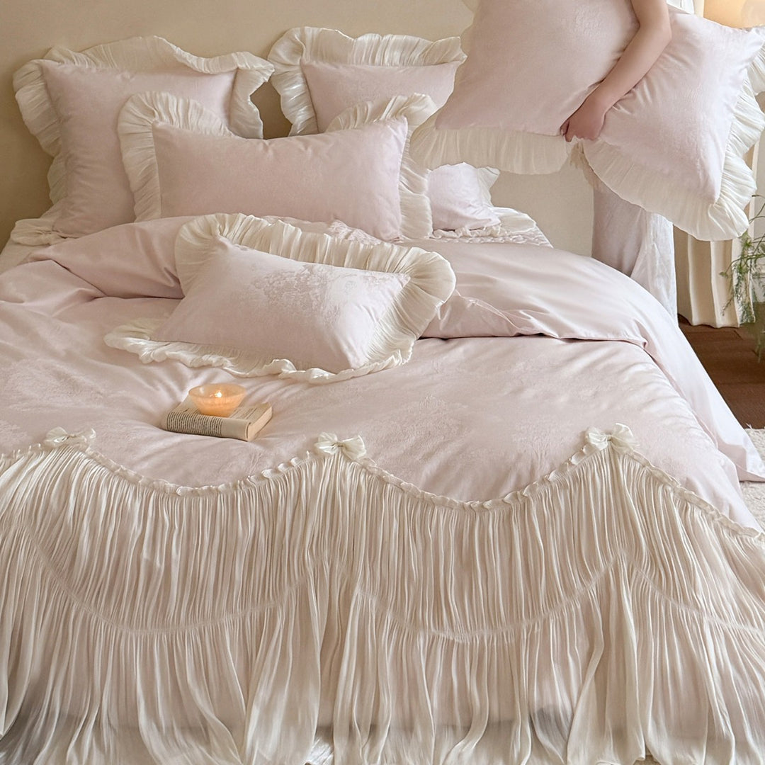 Luxe Pleated Voile & Jacquard Ruffled Duvet Ensemble with Frilled Euro Shams