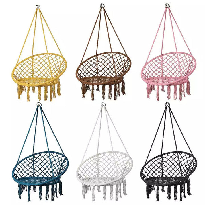 Macrame hanging chair with complete ceiling mounting kit and decorative tassel fringe Stornfield