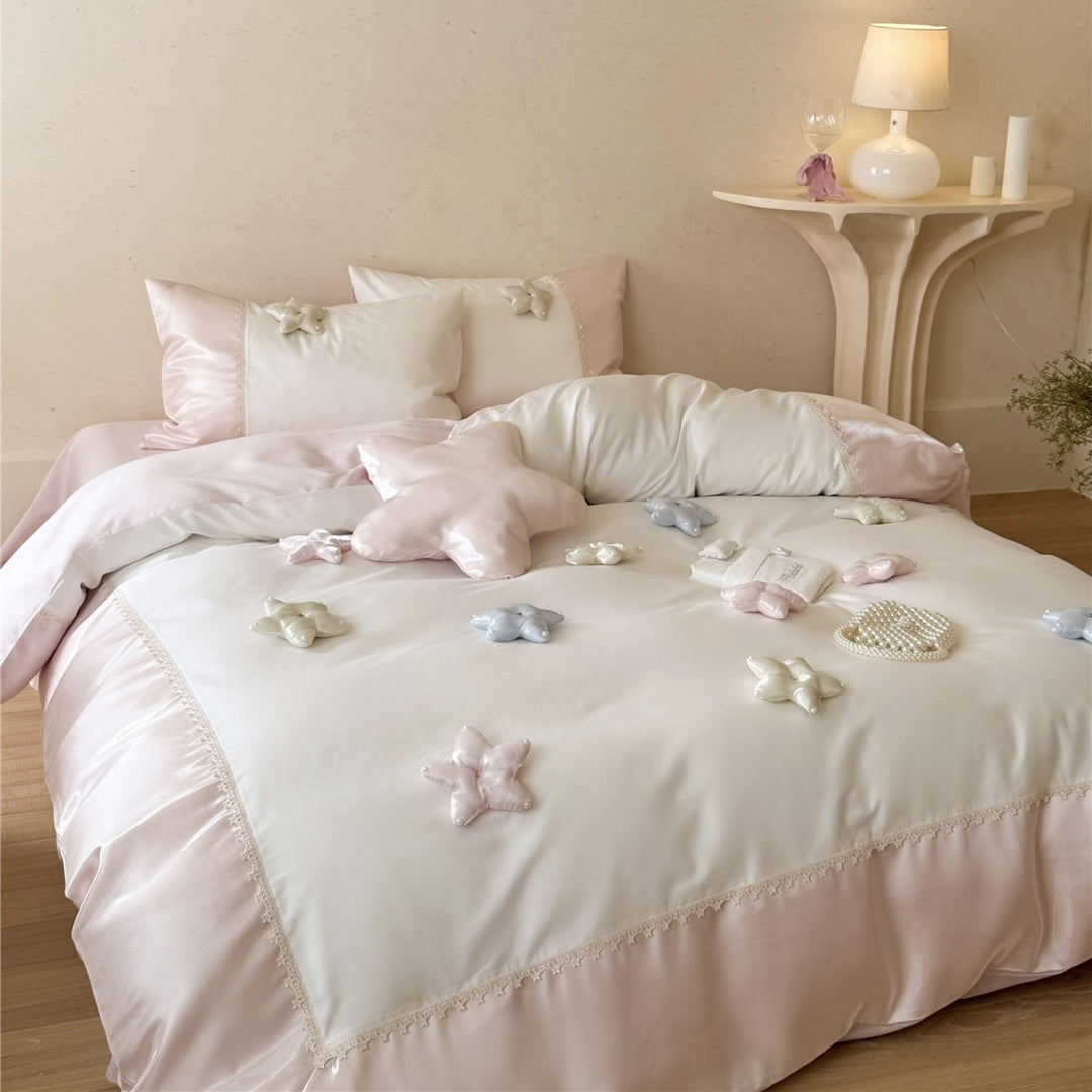 Luxury Silk-Feel Satin Duvet Cover Set with 3D Star Appliqué & Lace Trim