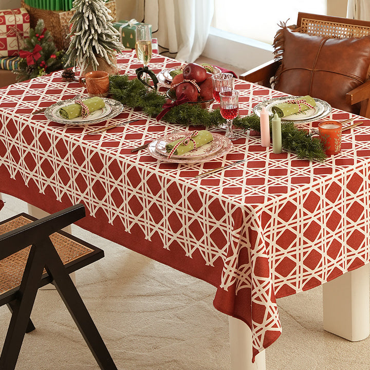 Rectangular festive tablecloth made of cotton blend fabric with geometric grid relief and stain-resistant surface Stornfield