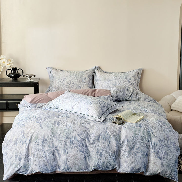 Reversible cotton satin bedding with delicate watercolor floral print and satin edge