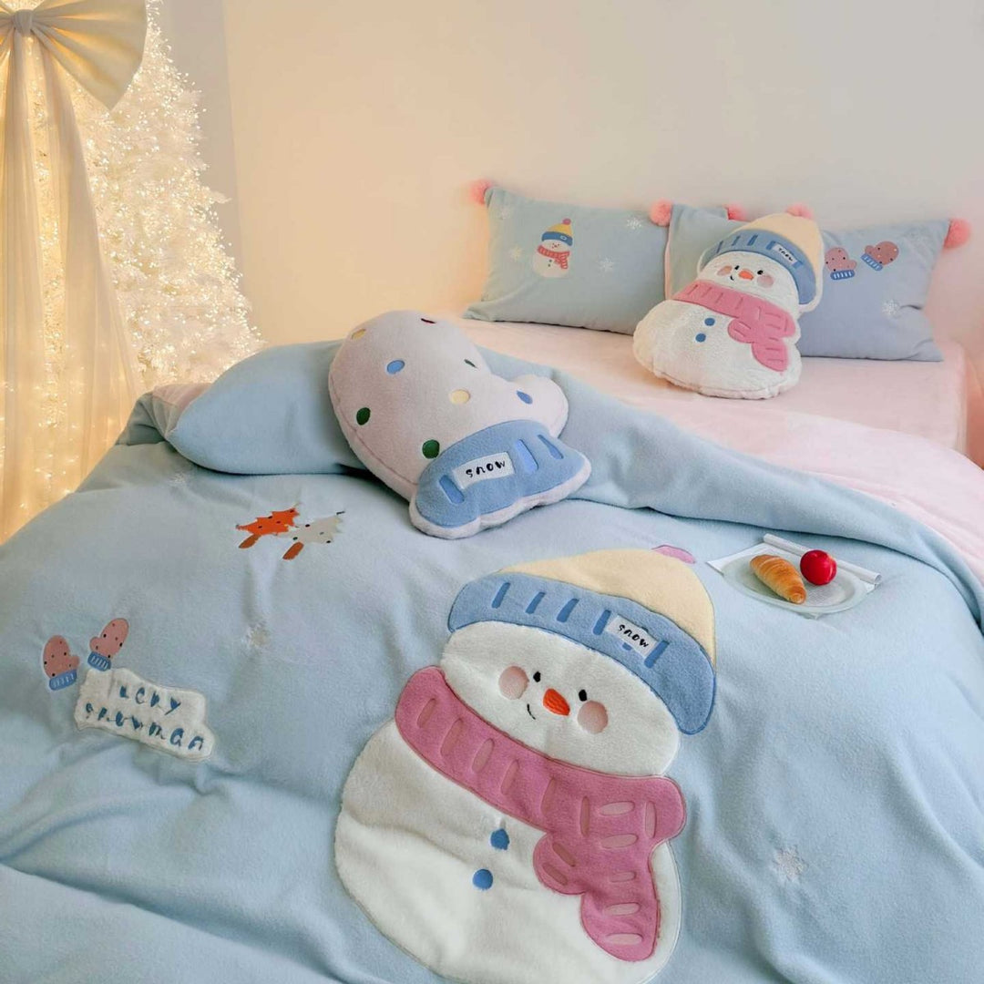 Plush Snowman Embroidered Reversible Coral Fleece Duvet Cover Set