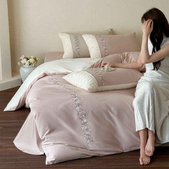 Elegant Satin-Blend Embroidered Duvet Cover Set with Pleated Accent Shams