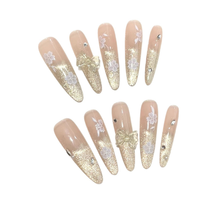 Decorative Press-On Nails with Floral Accents and Glitter
