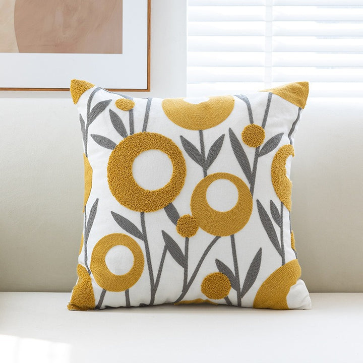 Tufted Floral Embroidered Cotton Throw Pillow Cover with Hidden Zipper