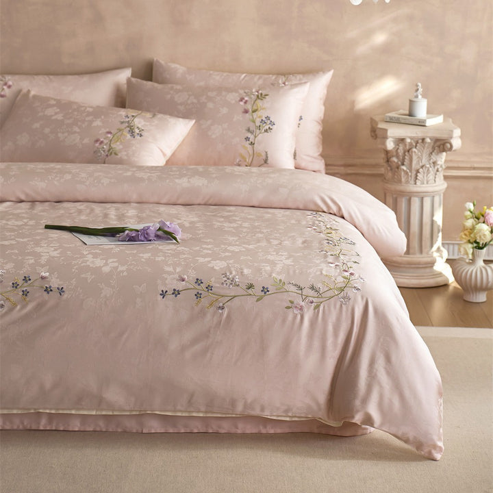 Embroidered Satin-Feel Floral Duvet Cover Set with Reversible Sateen Back and Corner Ties