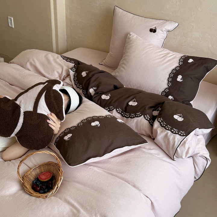 Embroidered Cherry Cotton Duvet Cover Set with Reversible Quilted Comforter and Piped Pillow Shams