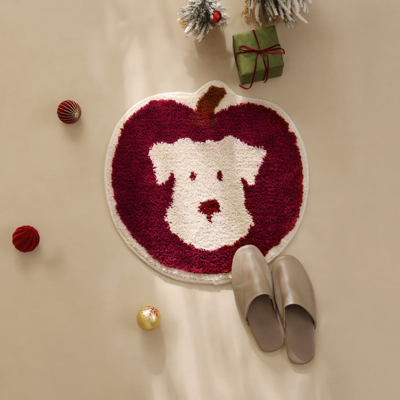 Apple-shaped tufted doormat carpet with dog motif and non-slip backing Stornfield