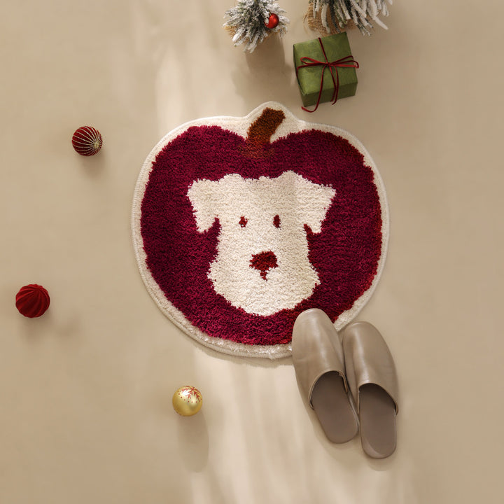 Apple-shaped tufted doormat carpet with dog motif and non-slip backing Stornfield