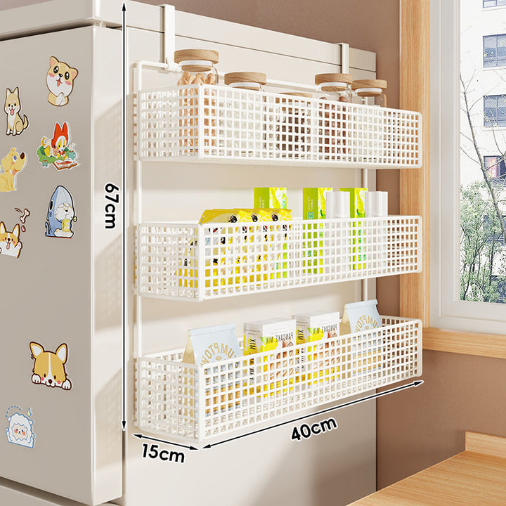Over-Refrigerator Vertical Hanging Mesh Storage Rack with Deep Baskets and Hook Rail