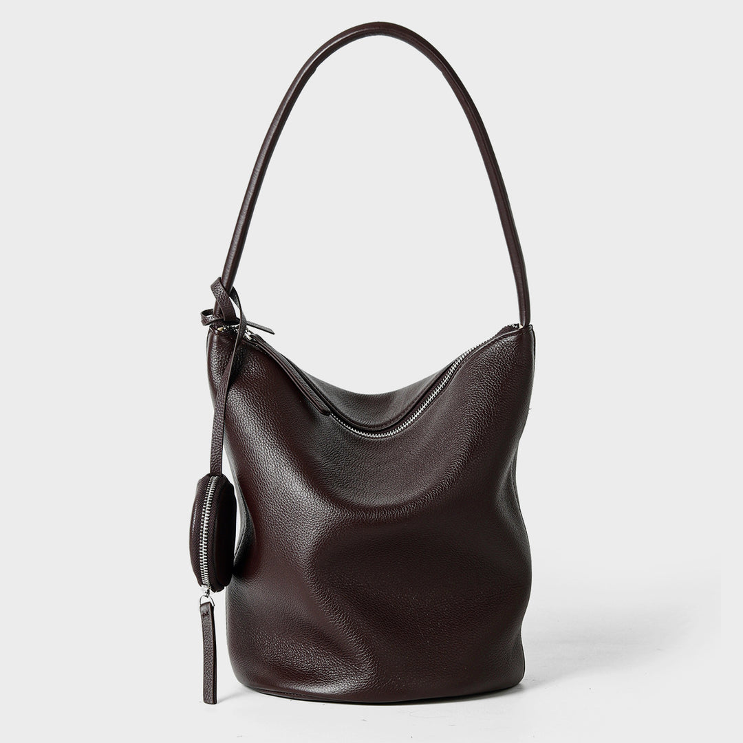 Slouchy Pebbled Bucket Hobo Bag with Curved Top Zip and Hanging Coin Pouch