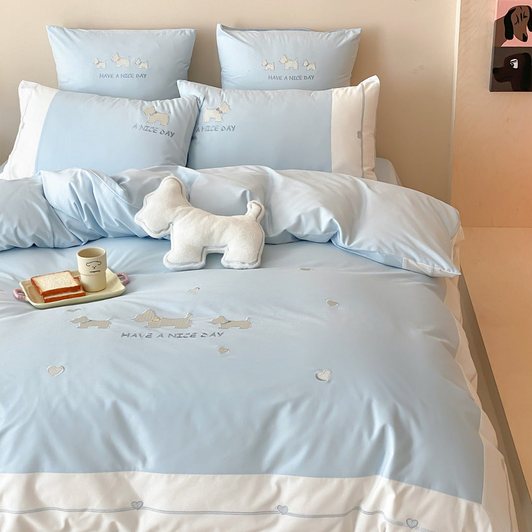 Cute Embroidered Dog Motif Cotton Sateen Duvet Cover Set with Heart Border and Pillow Shams