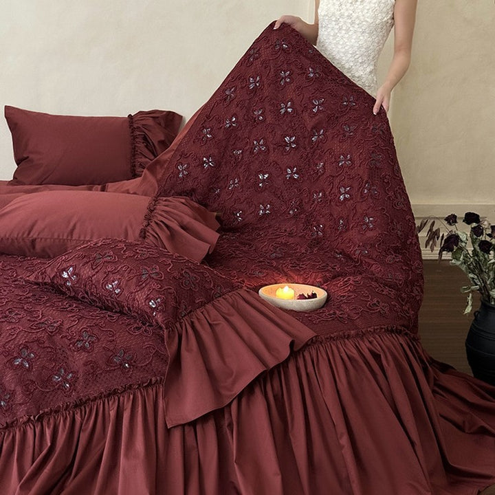 Luxurious bedspread and pillow collection with floral 3D embroidery and gathered hem
