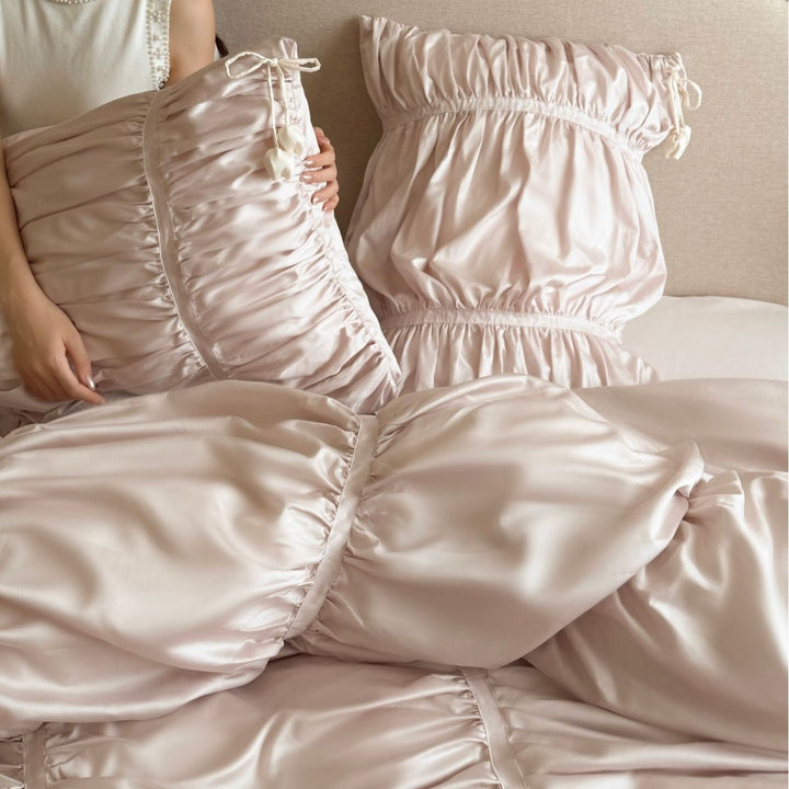 Ruched Satin Duvet Cover Set with Drawstring Rosette Accents and Matching Pillow Shams