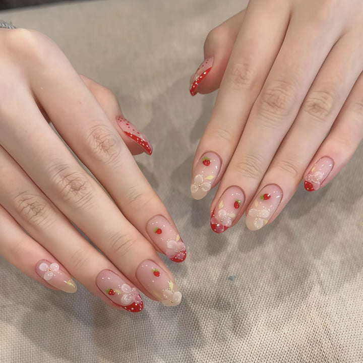 Floral Strawberry-Themed Press-On Nails